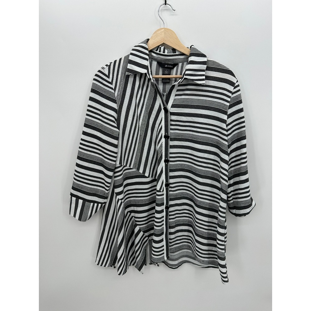 Al‎ Miles Black White Striped Tunic Top S Artsy Lagenlook Asymmetrical Long